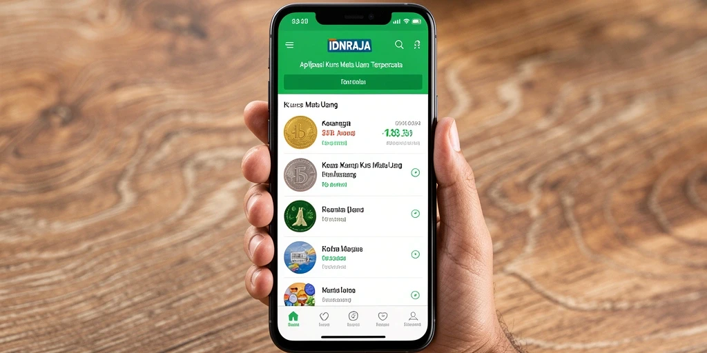 Antarmuka aplikasi IDNRAJA yang menampilkan informasi kurs mata uang.
