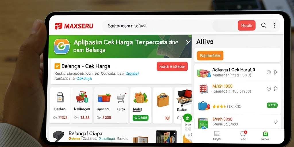 Tampilan aplikasi MAXSERU dengan fitur Cek Harga yang lengkap.