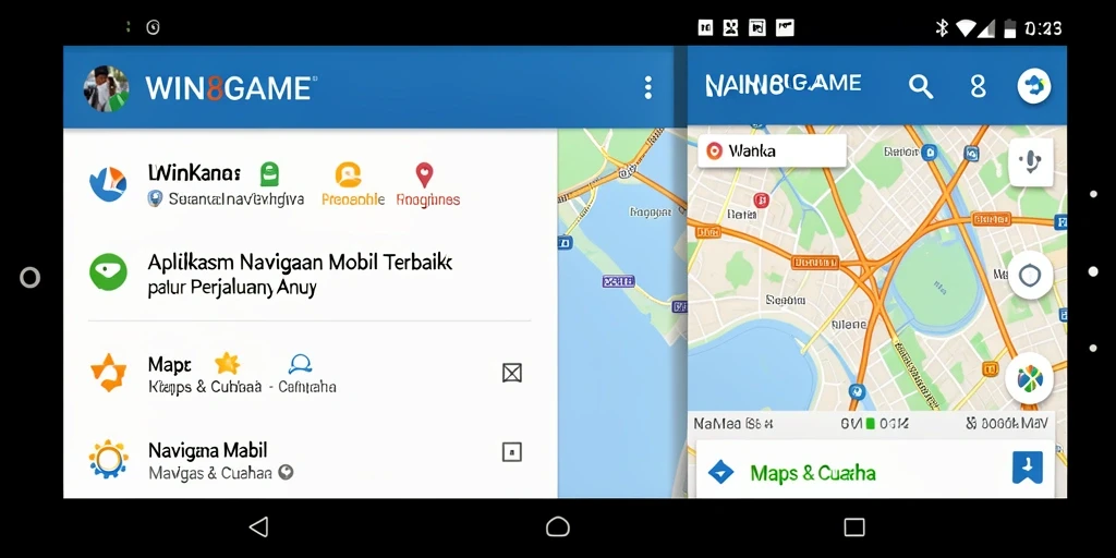 Antarmuka WIN8GAME yang menampilkan rute navigasi dan informasi cuaca.